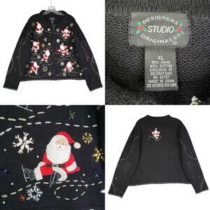 Designers Studio Originals Vtg Sweater Black XL Christmas ugly Santa Ice Skating